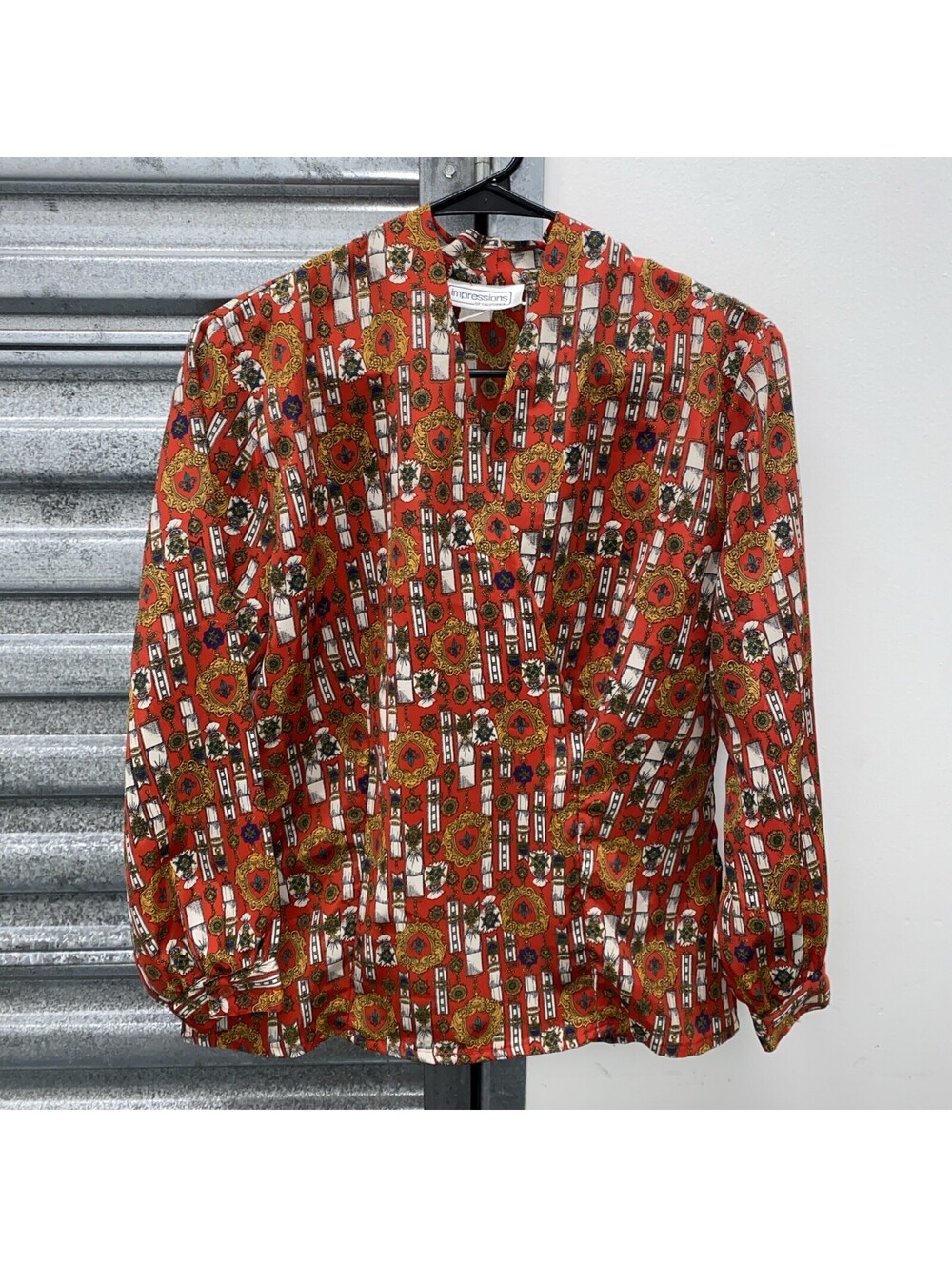 Vtg 1980s Impressions Of Ca Maximalist Baroque Gold Scarf Print Silky Blouse Med